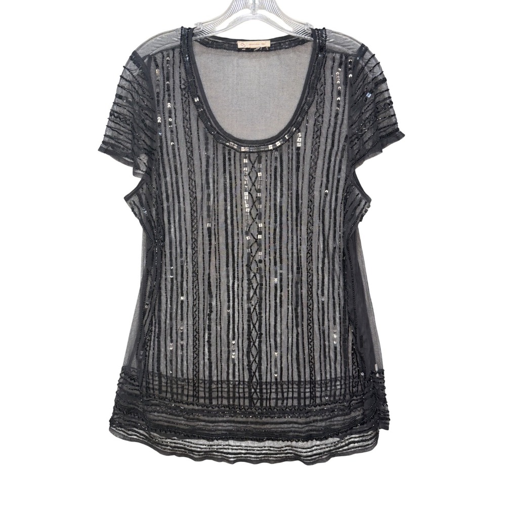 Est‎ 1962 Black Sheer Mesh Sequin Beaded Blouse Top Side Zip sz L Whimsigoth